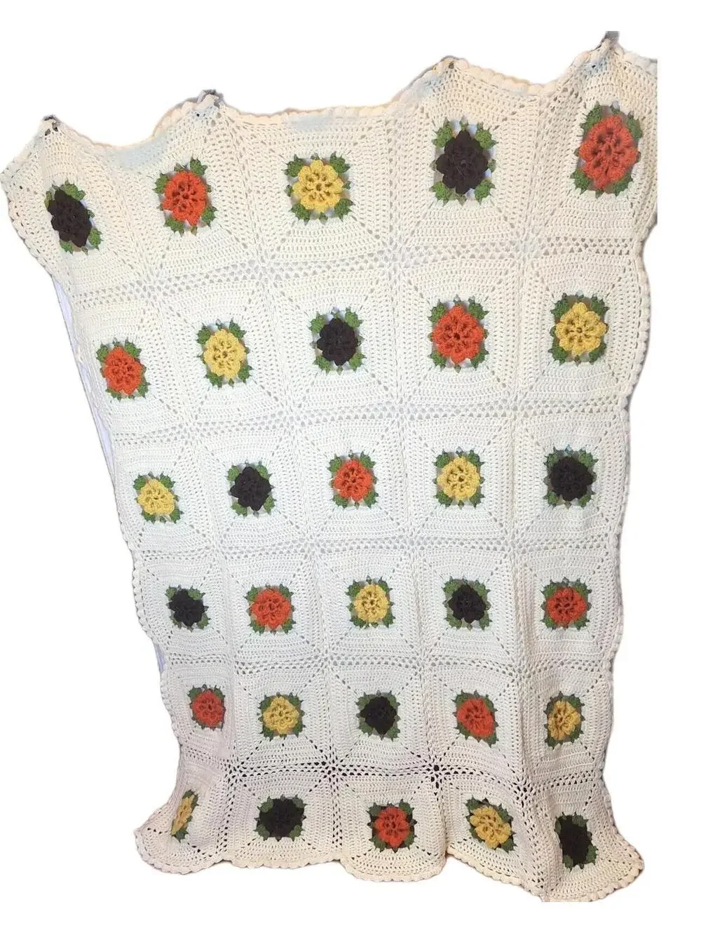 RARE VINTAGE Fall Floral Granny Square Crocheted Afghan/Blanket (45